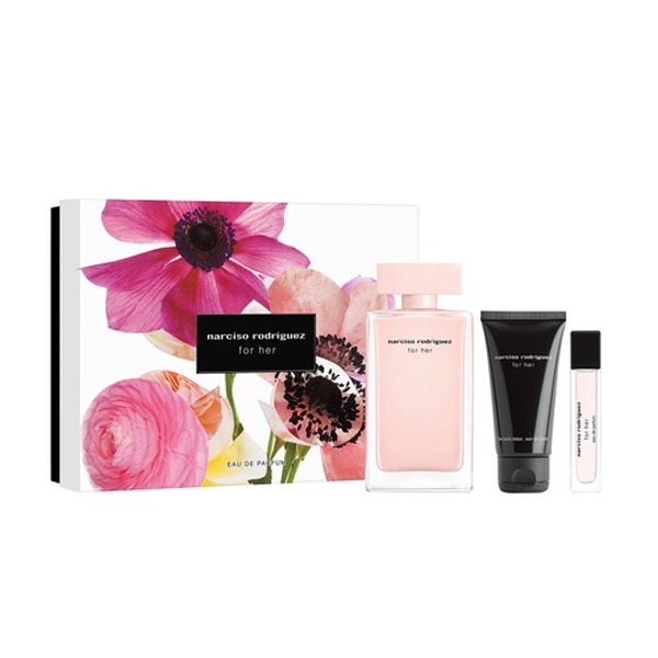 Narciso Rodriguez For Her Set EDP 100 ml & EDP Travel Spray 10ml & Body Lotion 50 ml נרסיסו רודריגז מארז 3 חלקים אדפ לאישה 100 מ”ל + בושם מוקטן 10 מ”ל+ קרם גוף 50 מ”ל